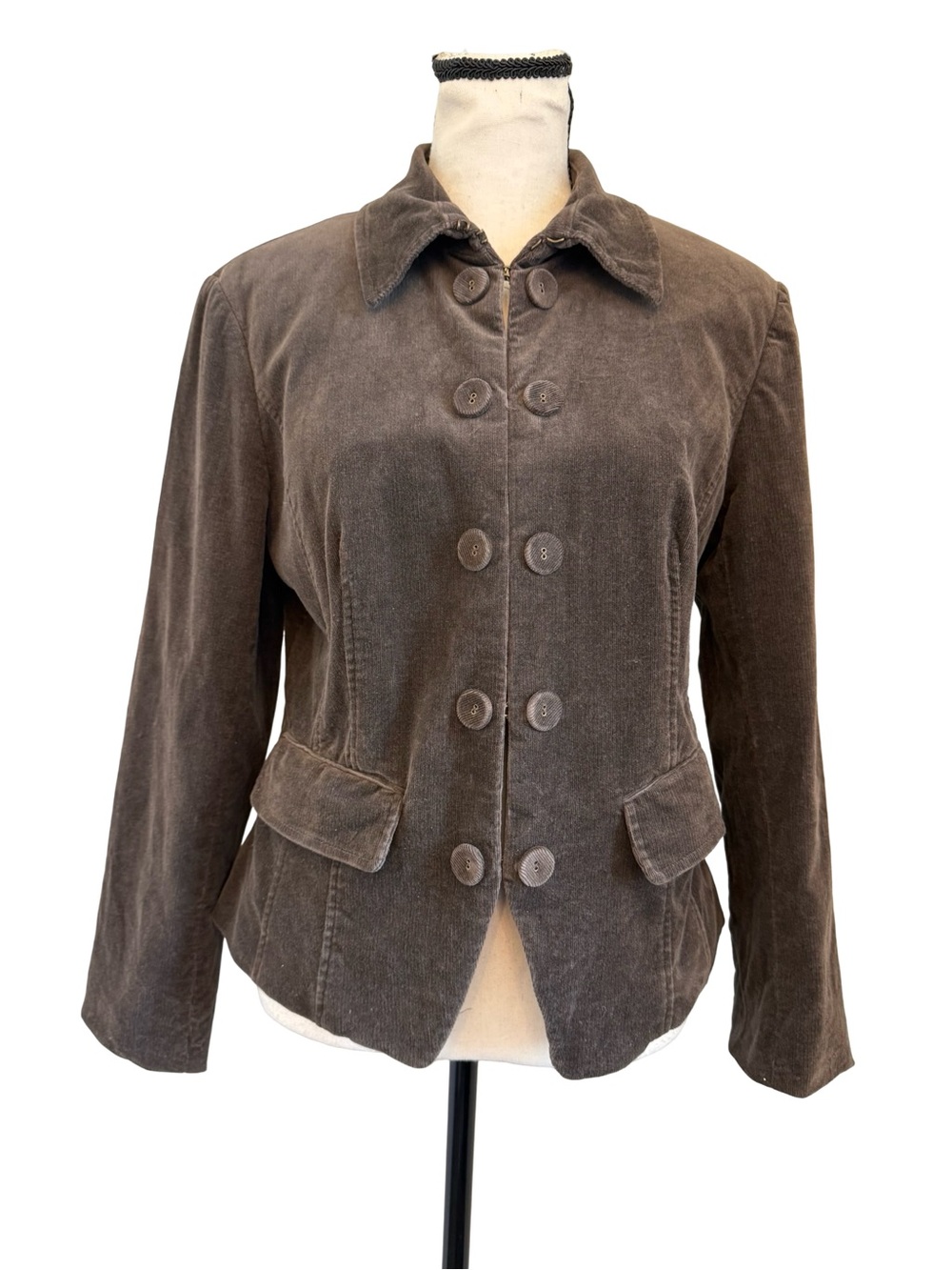 Alfani Petite Brown Corduroy Jacket Blazer Button Front Peplum Cotton Stretch